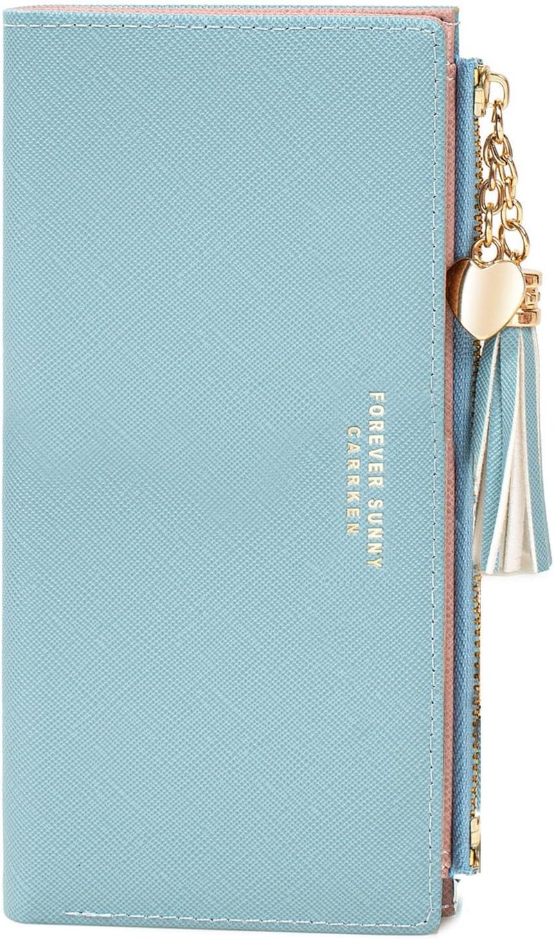 KOTORA Womens Slim Wallet Girls Thin Wallets Pretty Mini Long Card Holder Small Tiny Clutch Zip Purse Love Pendant Tassels Billfold (Blue) - Image 1
